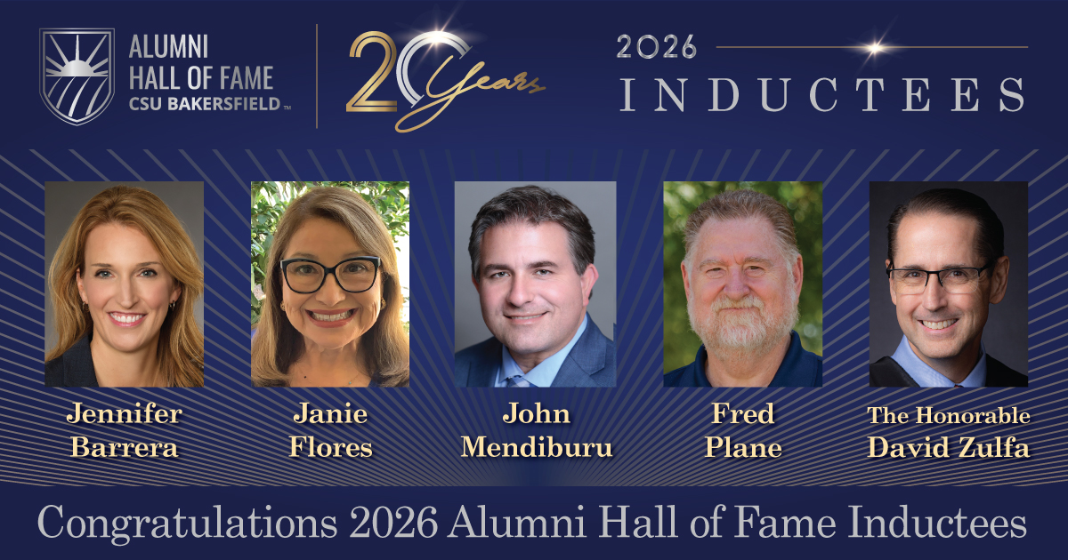 Alumni Hall of Fame Class of 2026: Jennifer Barrera, Janie Flores, John Mendiburu, Fred Plane and the Honorable Dave Zulfa