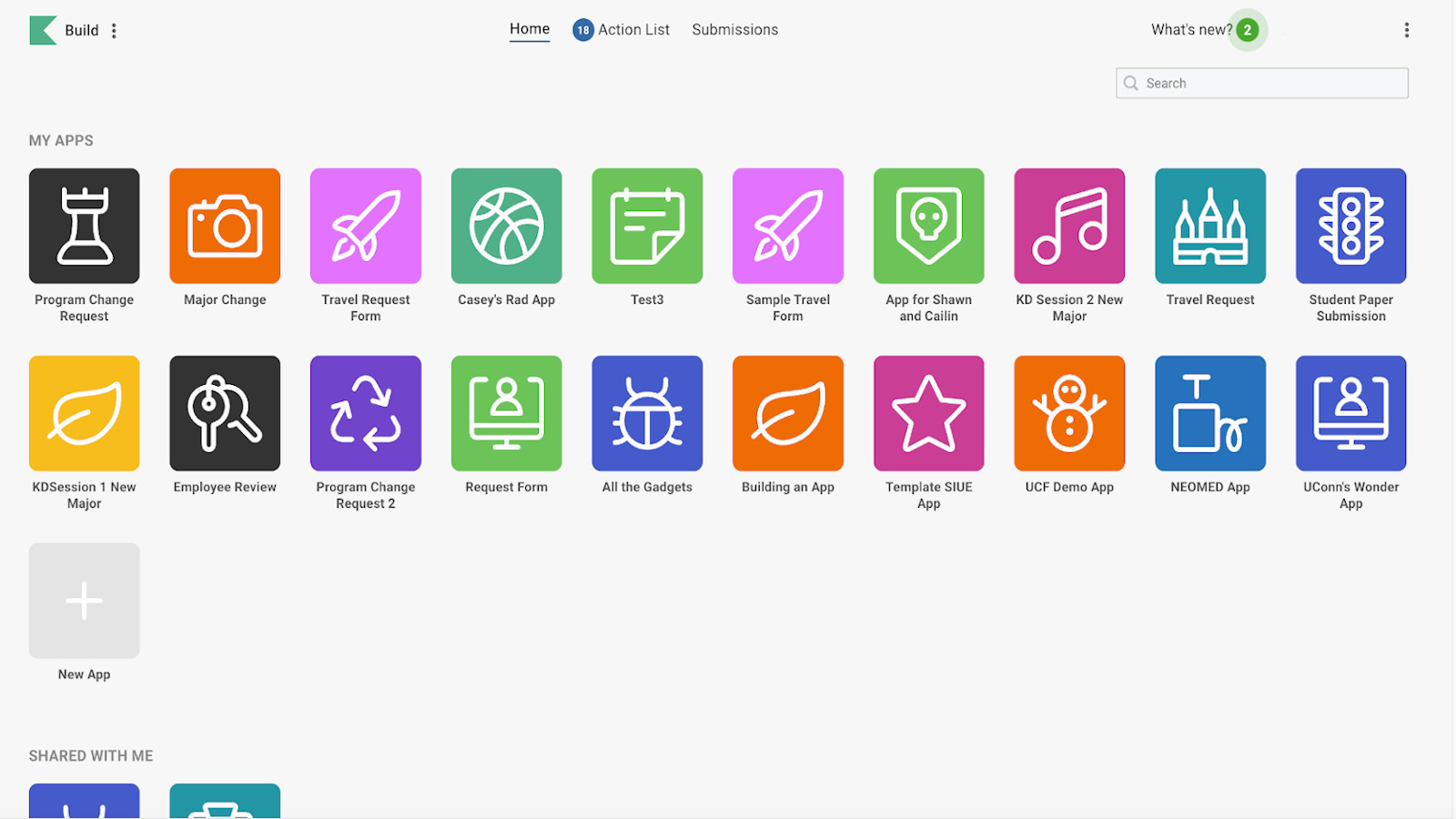 Example screenshot of a Kuali Build dashboard