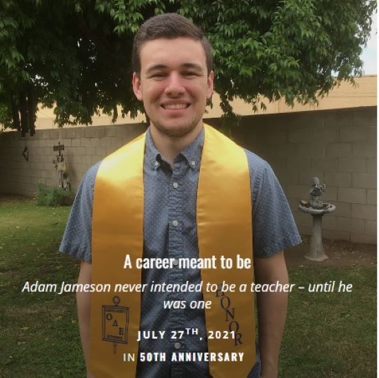 Man wearing gold sash in front of brick wall