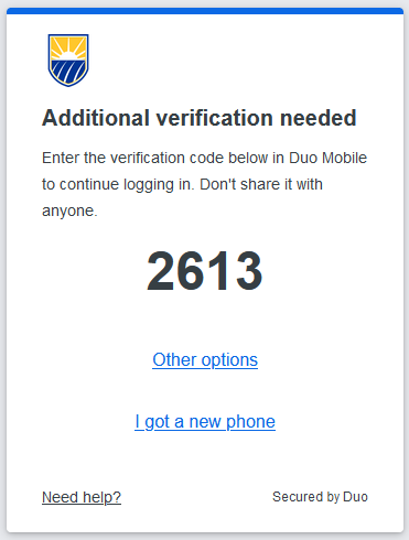 Screenshot of Duo push prompt where the code is provided. It also shows the buttons "Other options" and "I got a new phone".