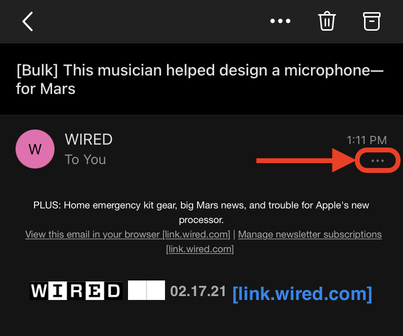 Three dots for more options on iOS Outlook