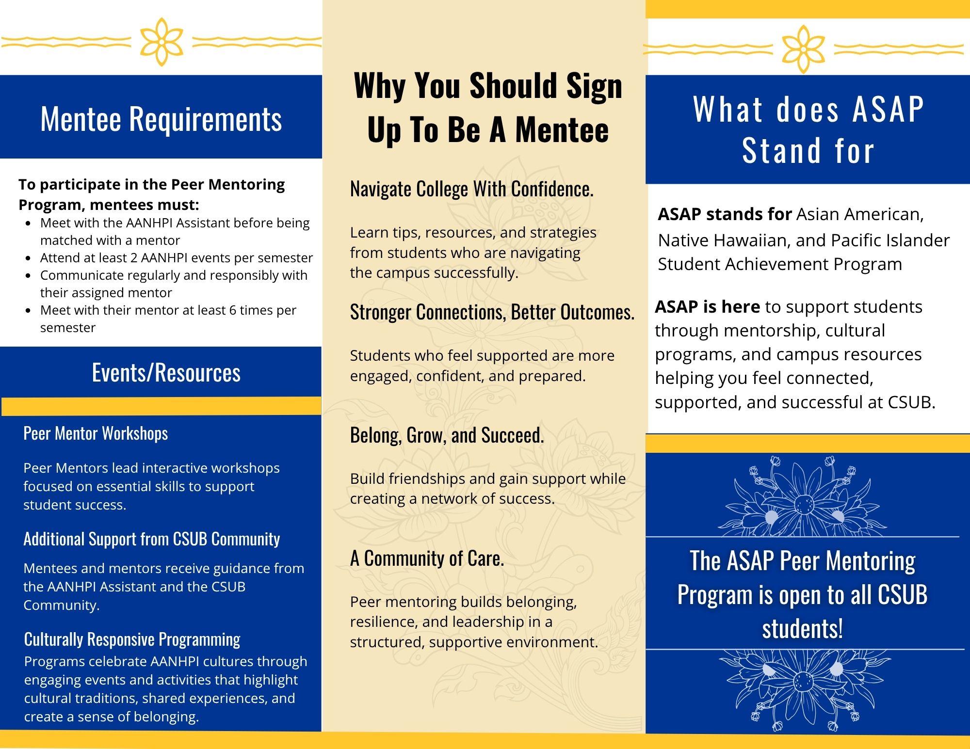 What Does ASAP Stand For?:  ASAP stands for Asian American, Native Hawaiian, and Pacific Islander Student Achievement Program. ASAP is here to support students through mentorship, cultural programs, and campus resources helping you feel connected, supported, and successful at CSUB.  The ASAP Peer Mentoring Program is open to all CSUB students!  Mentee Requirements: To participate in the Peer Mentoring Program, mentees must:  • Meet with the AANHPI Assistant before being matched with a mentor • Attend at least 2 AANHPI events per semester • Communicate regularly and responsibly with their assigned mentor • Meet with their mentor at least 6 times per semester Events/Resources: • Peer Mentor Workshops  o Peer Mentors lead interactive workshops focused on essential skills to support student success. • Additional Support from CSUB Community  o Peer Mentors lead interactive workshops focused on essential skills to support student success. • Culturally Responsive Programming  o Programs celebrate AANHPI cultures through engaging events and activities that highlight cultural traditions, shared experiences, and create a sense of belonging. Why You Should Sign Up to Be a Mentee: • Navigate College With Confidence o Learn tips, resources, and strategies from students who are navigating the campus successfully. • Stronger Connections, Better Outcomes  o Students who feel supported are more engaged, confident, and prepared. • Belong, Grow, and Succeed  o Build friendships and gain support while creating a network of success. • A Community of Care  o Peer mentoring builds belonging, resilience, and leadership in a structured, supportive environment.