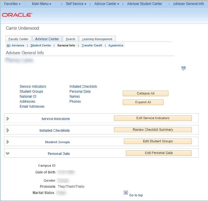 Screenshot of how pronouns appear in Advisor Center.