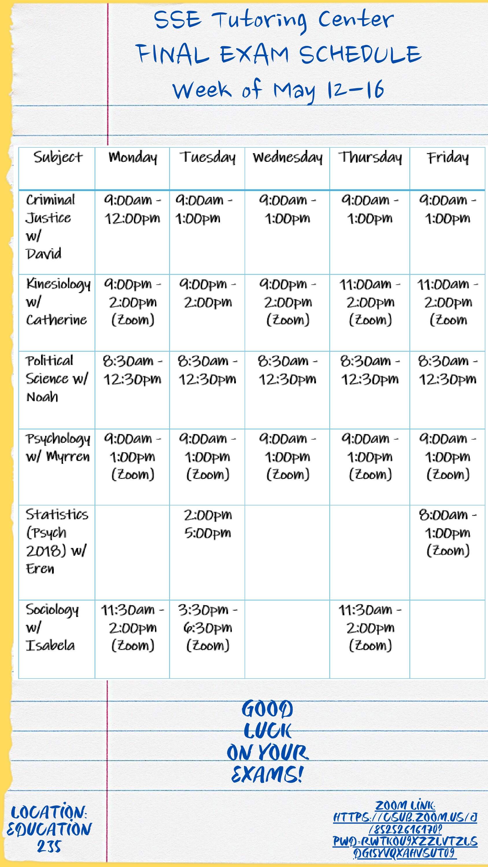 Finals week tutoring schedule