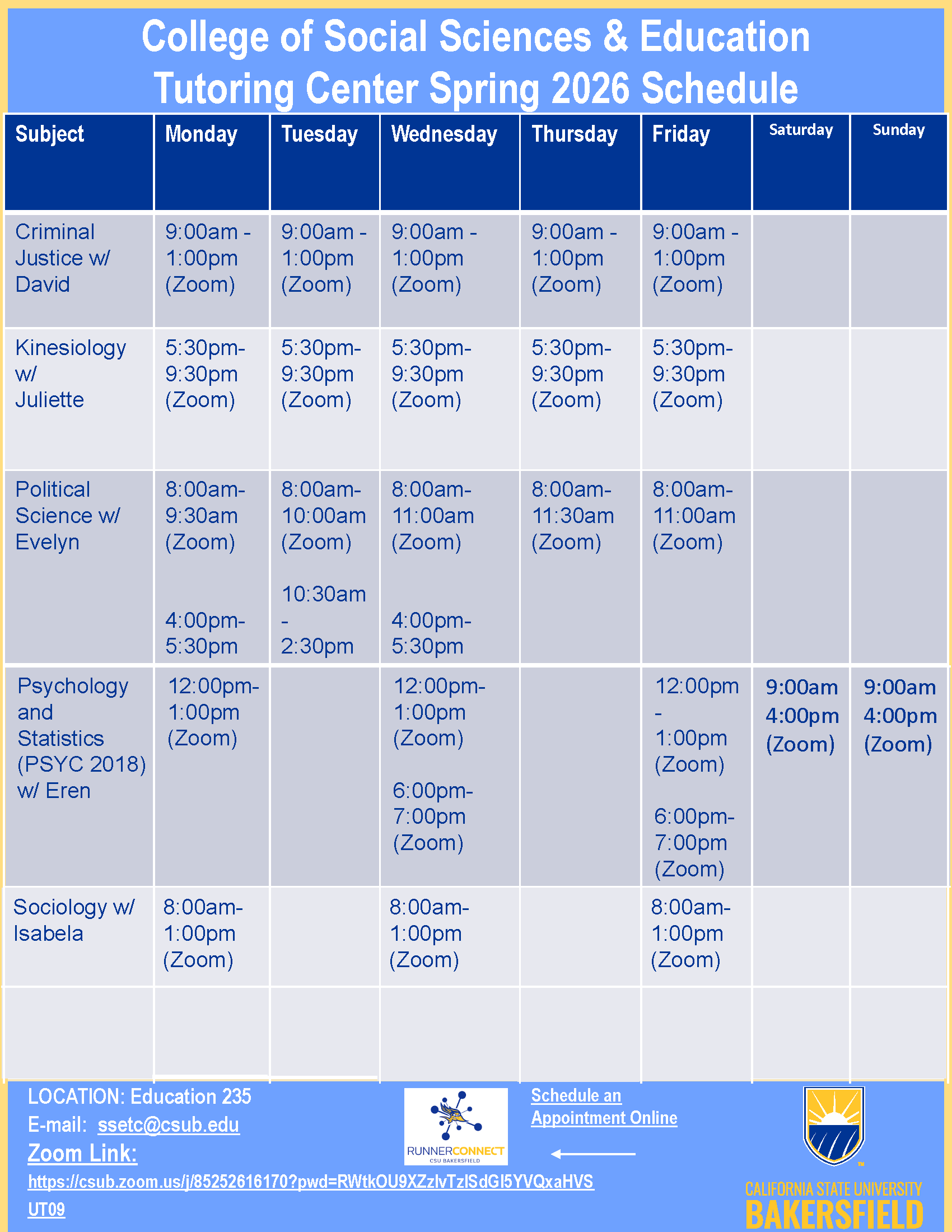 SSE Tutoring Center Schedule Fall 2026