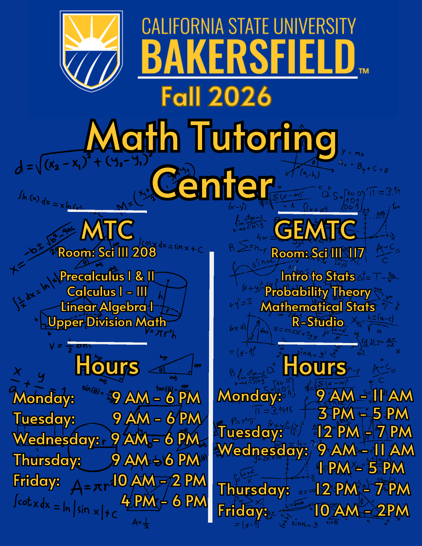 MathTutoring Center Schedule Fall 2026